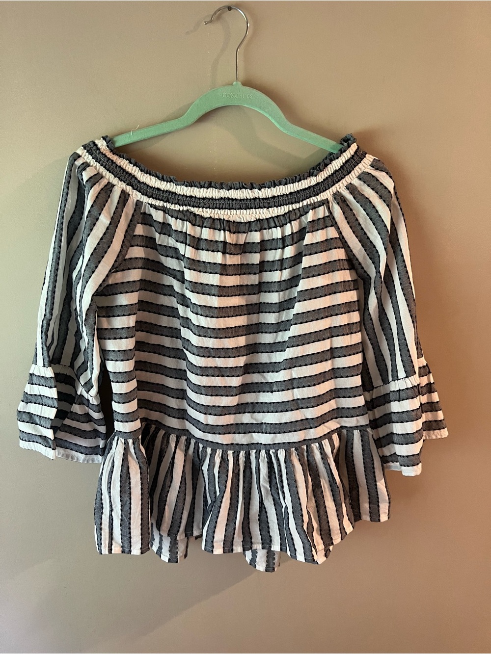crown & ivy Navy and White Striped Off-Shoulder Ruffle Hem Blouse